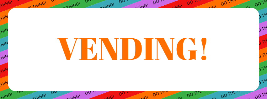 Image Description: A white rounded rectangle on a background of red, orange, green, blue, and purple repeating diagonal stripes with text reading "DO THE THING!" repeating along each stripe. Inside the white rounded rectangle is orange text that reads "VENDING!"